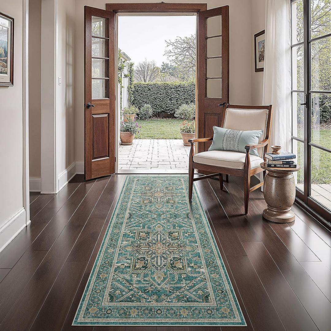 WITSHOCK 2x8 Teal Runner Rug for Hallway, Washable Rug Distressed Boho Soft Low Pile Stain Resistant Foldable Carpet for Kitchen Entryway Indoor Entrance Laundry Vintage Farmhouse Home Decor