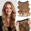 TESSHAIR Halo Hair Extensions Wavy Curly, 100% Real Human Hair,No Tangle & Smooth,Invisible Wire Extensions for Women,55g, 12 Inch,#Wavy Light Brown