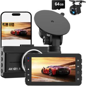 Dash Cam Front and Rear, 4K Full HD Dual Dash Camera for Cars W/ 64GB Card Included, Built-in 5G WiFi & GPS, Car Camera Dashcams for Cars with Night Vision, Parking Monitor, WDR, Emergency Lock