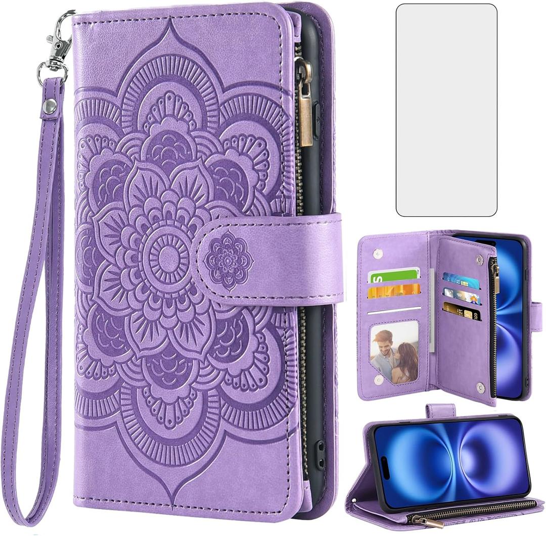 Asuwish Compatible with iPhone 16 6.1 inch Wallet Case and Tempered Glass Screen Protector Flower Leather Flip Credit Card Holder Cell Accessories Phone Cover for i Phone16 i16 16Case Women Men Purple