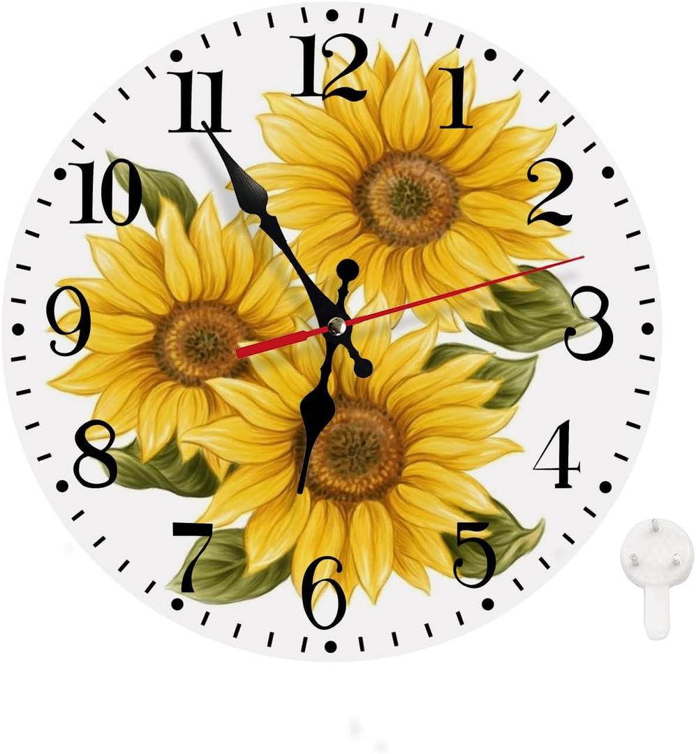 Ansouyi Round Wall Clock Battery Operated Clocks Wallclock 10 Inch,Yellow Sunflowers on White Silent Non Ticking Wall Clock for Living Room,Kitchen,Home,Bathroom,Bedroom,Office or School