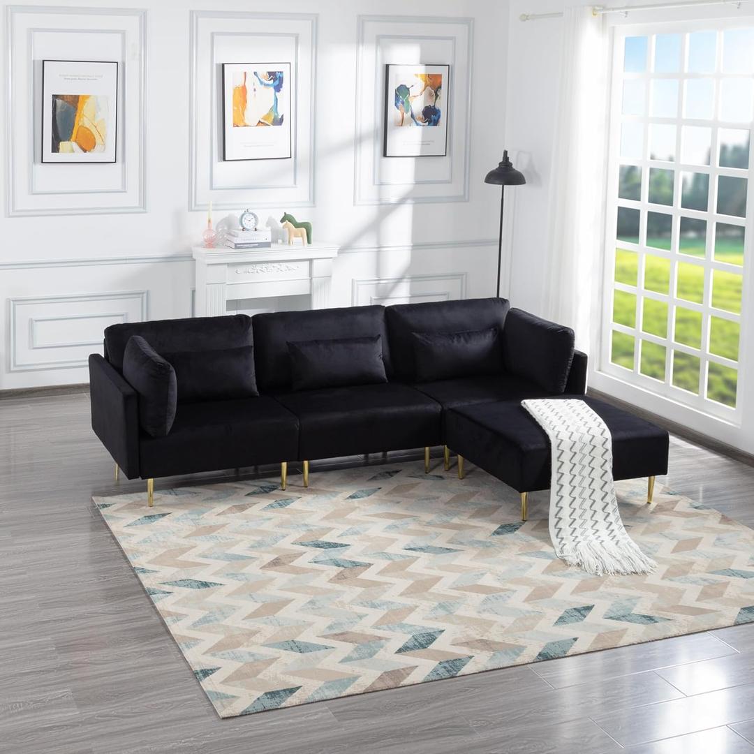 SONGG 105 L-Shaped Modern Convertible Sectional Sofa, Velvet Fabric Upholstered Couch, with Chaise Detachable, Washable Cover and Ottoman, for Living Room, Black
