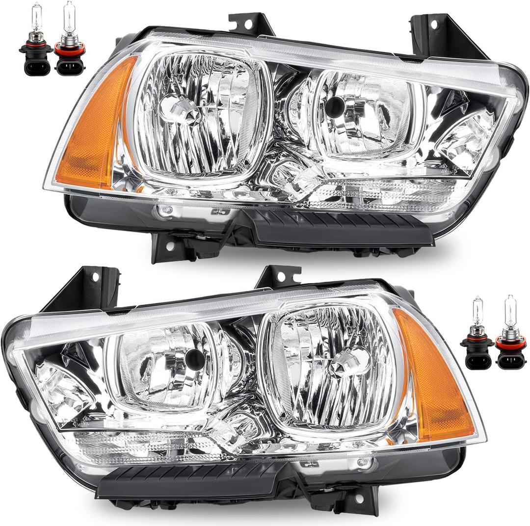 Headlight Assembly w/Bulbs Compatible with 2011-2014 Dodge Charger OE Halogen Headlamp Chrome Housing Amber Reflector Replacement Driver and Passenger Side