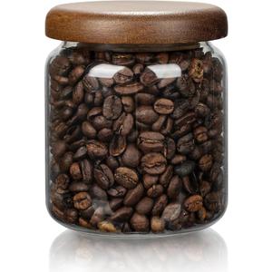 1 PC Small Glass Storage Jars with Airtight Lids, 14 FL OZ (420ml) coffee container with Wooden Lid, Glass Pantry Canister for Beans, Rice, Sugar and etc
