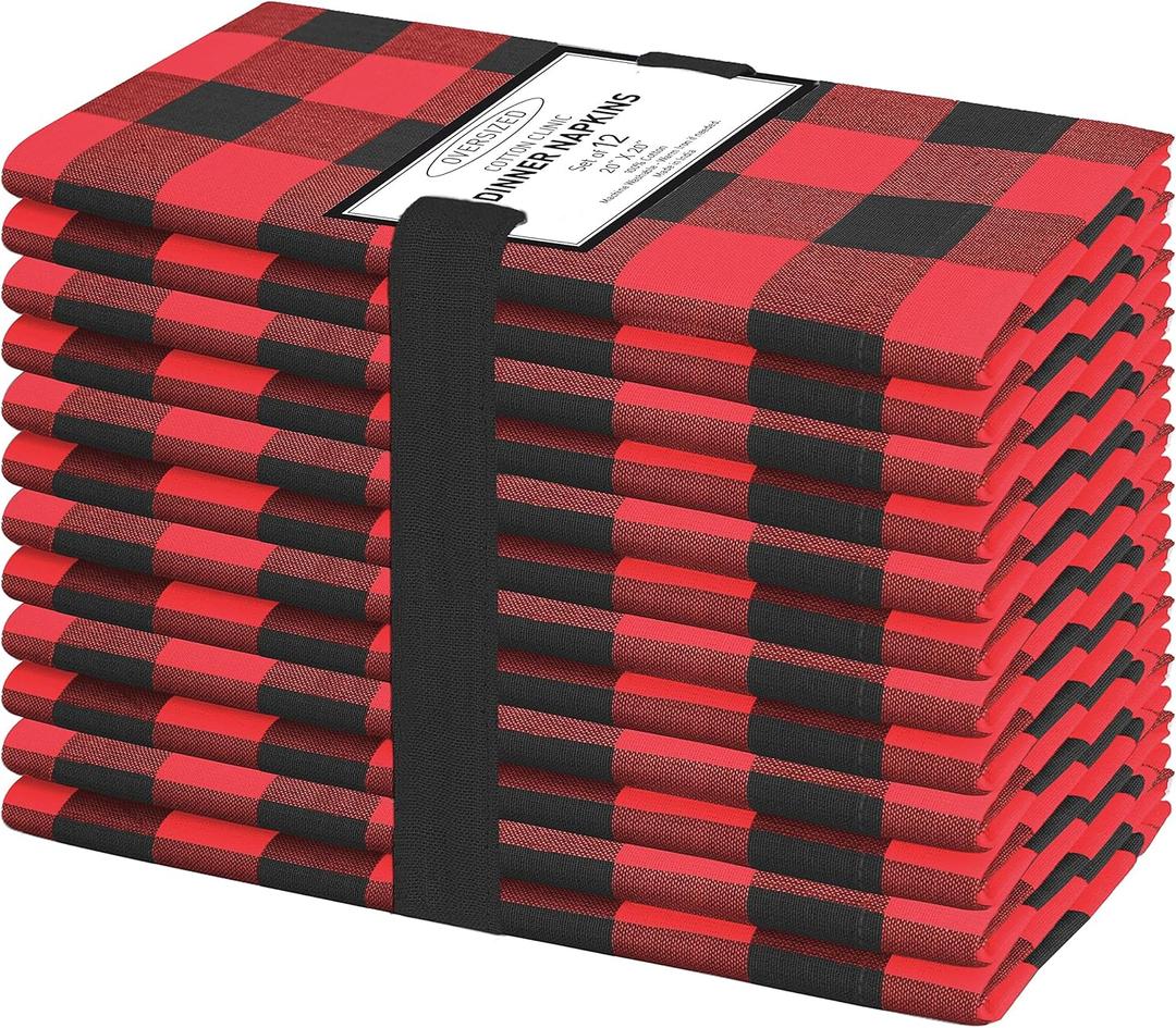 Cotton Clinic Set of 12 Cloth Napkins Gingham Check 100% Cotton 20x20 inches - Soft Durable Washable - Ideal for Events Wedding Christmas Easter - Perfect Everyday Use Table Dinner Napkins Red Black