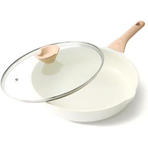 Nonstick Ceramic Frying Pan with Lid, 12.5 Inch Ceramic Large Skillet with Lid, Healthy Non Toxic Cooking Pan, Stay-Cool Handle, Induction Compatible, PFOA & PFAS Free, White