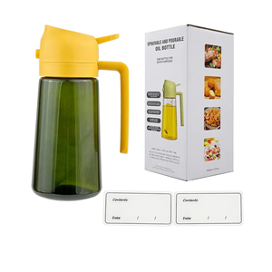 Oil Spray Bottle Dispenser for Kitchen Cooking, 470ml 16oz 2 in 1 Olive Oil Mister with 2 Waterproof Stickers for Kitchen Gadgets, Air Fryer, Salad, Frying, BBQ -Yellow Lid + Green Bottle