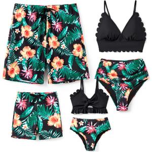 Family Matching Solid Scallop Trim Strappy Two-Piece Swimsuit and Allover Floral Print Swim Trunks Shorts (2T, Hawaiian Black)