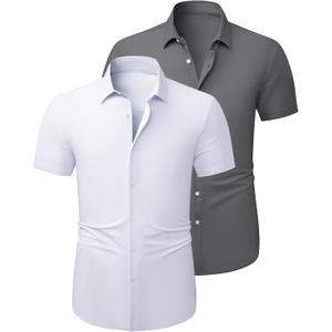 JMIERR Men's Muscle Fit High Stretch Wrinkle-Free Button Down Dress Shirts Summer Casual Short Sleeve Shirt (M)