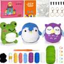 PIPAPI Crochet Kit for Beginners, 3 Pattern Animals-Owl, Penguin, Frog, Knitting Kit for Adult Kids with Step-by-Step Video Tutorials and Yarns, Hook, Accessories (green)