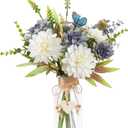 Fake Flowers in Vase 15.5"Centerpiece Table Decorations Silk Blue Flowers Arrangements Decor With Glass Vase Dahlia Artificial Flowers Chrysanthemum Faux Stems Butterfly Decorations (Clear)