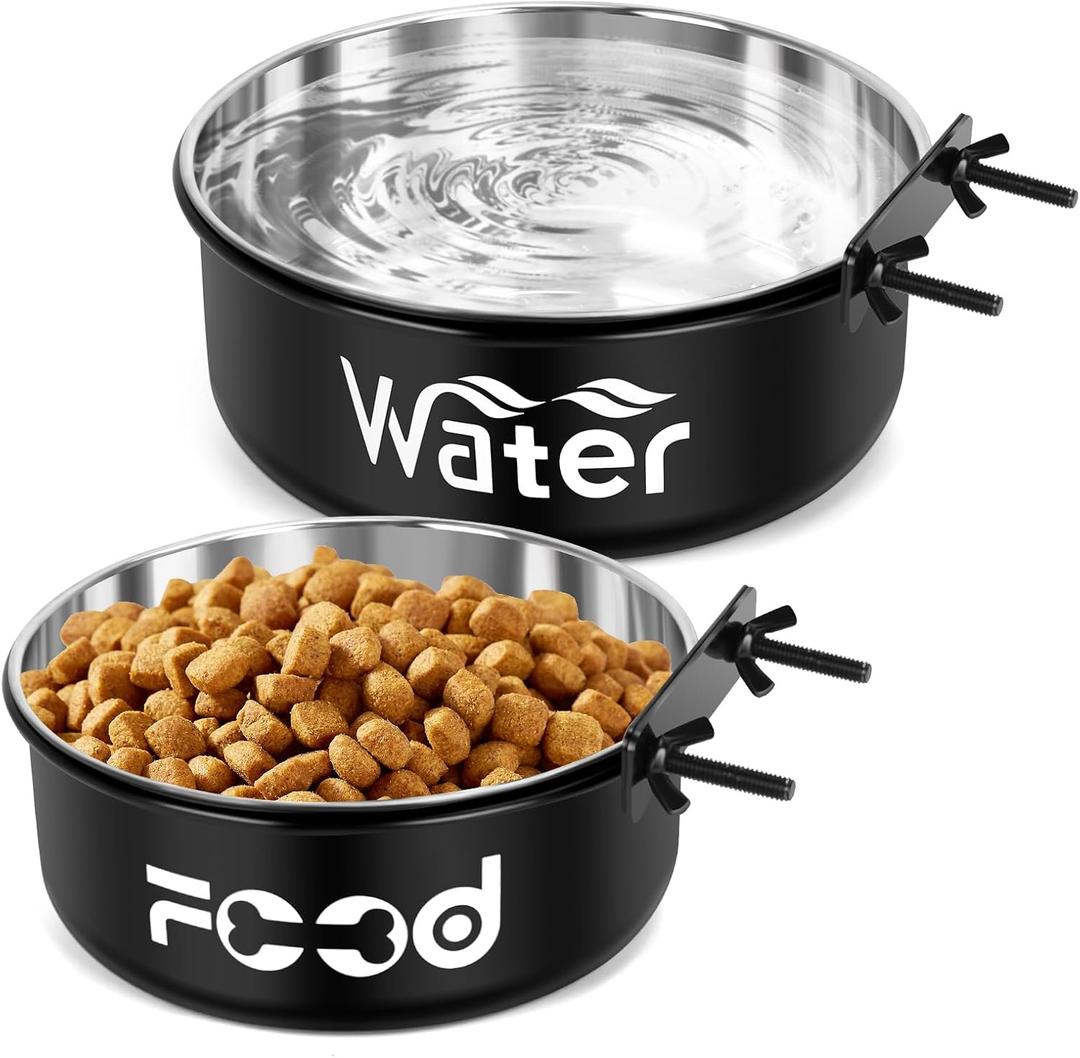Crate Water Bowl No Spill for Large Dogs, Removable Stainless Steel Dog Bowls for Food and Water, Dog Kennel Hanging Wet and Dry Food Feeder for Medium/Large Pets, (7.1"x2.6" & 6.3"x2.6", Black)