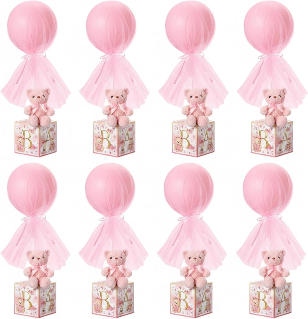 8 Sets Pink Bear Tulle Tutu Balloon with Letter Boxes Baby Shower Table Centerpieces Decor Gender Reveal Balloons Pink Tulle Cover with Stand Planter Blocks for Girl Gender Reveal Birthday Party Favor