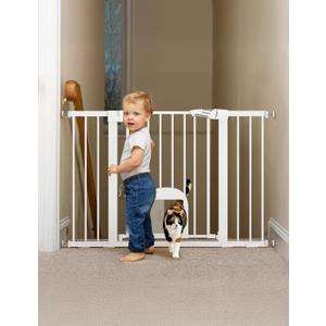 Babelio 29-48" Extra Wide Baby Gate with Adjustable Cat Door,Easy Install Pressure/Hardware Mounted,Auto Close Pet door for Stairs,House,Doorways,Effortless Walk Thru,White