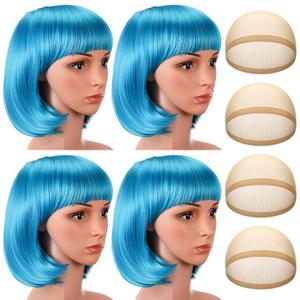 4 Pack Short Bob Blue Hair Wigs 12" Straight with Flat Bangs Cosplay Mardi Gras Party Wigs with Cap for Women