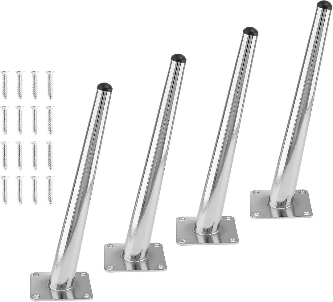 4pcs 10 Inch Furniture Legs, Oblique Conical Metal Legs Chrome Mid-Century Style Furniture Feet for Sofa Cabinet Table Chair Cupboard Couch Ottoman Home DIY Projects (Silver)