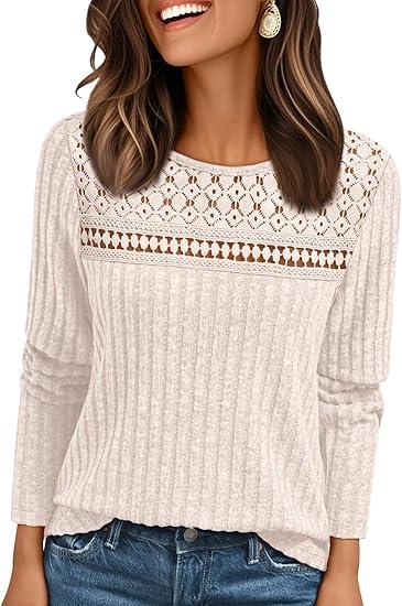 AUTOMET Womens Lace Long Sleeve Shirt Fall Top Fashion Dreesy Casual Tunic Sweaters Mesh Clothes Trendy Work Cute Outfits
L