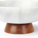 UMAID White Marble Decorative Bowl with Wood Pedestal, 10" Handcrafted Natural Stone Centerpiece with Unique Veining, Luxury Kitchen Fruit Bowl & Entryway Catch-All, for Potpourri & Coffee Table Decor