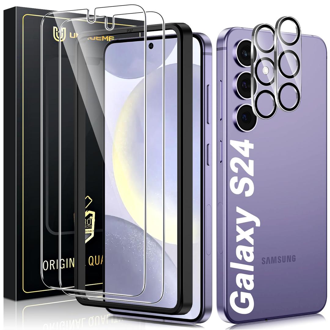 UniqueMe [2+2 Pack for Samsung Galaxy S24 Screen Protector, [Hardness of Diamonds] Tempered Glass and Camera Lens Protector [Upgraded Anti-Explosion] Fingerprint Unlock Screen Cover
