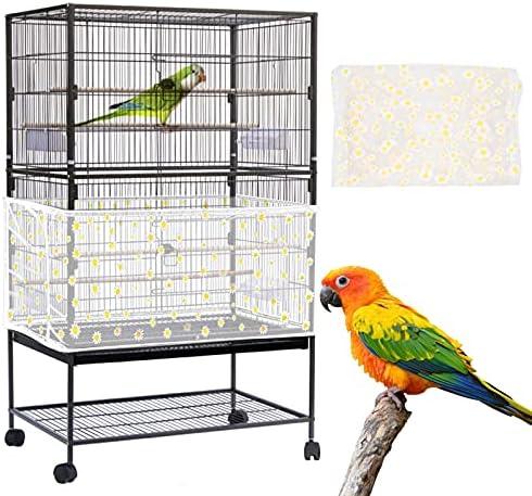 Daoeny Large Bird Cage Cover, Bird Cage Seed Catcher, Adjustable Soft Nylon Mesh Net with Daisy Pattern, Birdcage Cover Skirt Seed Guard for Parrot Parakeet Macaw Round Square Cages (White)