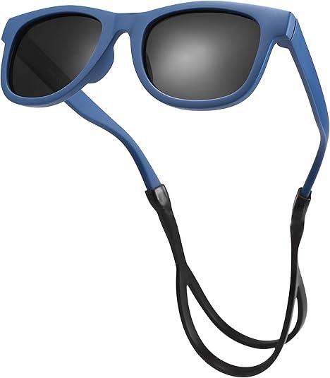 Flexible Polarized Baby Sunglasses with Strap Adjustable for Toddler & Newborn Infant 0-18 Month, B4* Matte Blue Frame/Gray Lens, 2 PAck