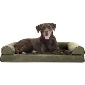 Furhaven Orthopedic Dog Bed for Large/Medium Dogs w/ Removable Bolsters & Washable Cover, For Dogs Up to 55 lbs - Faux Fur & Velvet Sofa - Dark Sage, Large