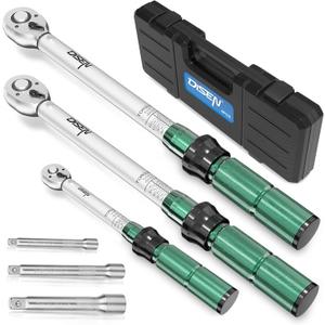 DISEN 6 PCS 1/4 3/8 1/2-inch Drive Click Torque Wrench Set 20-220In.lb, 15-90Ft.lb, 30-170Ft.lb with Extension Bar Kit, 3% Accuracy, 72-Tooth Dual Scale Torque Wrenches for Bike, Moto, Car Repair (Silver & Green)