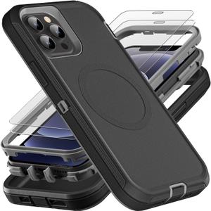 for iPhone 12/12 Pro Case, Compatible with Magsafe, Military Grade 3 in 1 Heavy Duty Shockproof/Drop Proof/Dust Proof with 2Pcs Tempered Glass Screen Protector (New-Black/Grey)