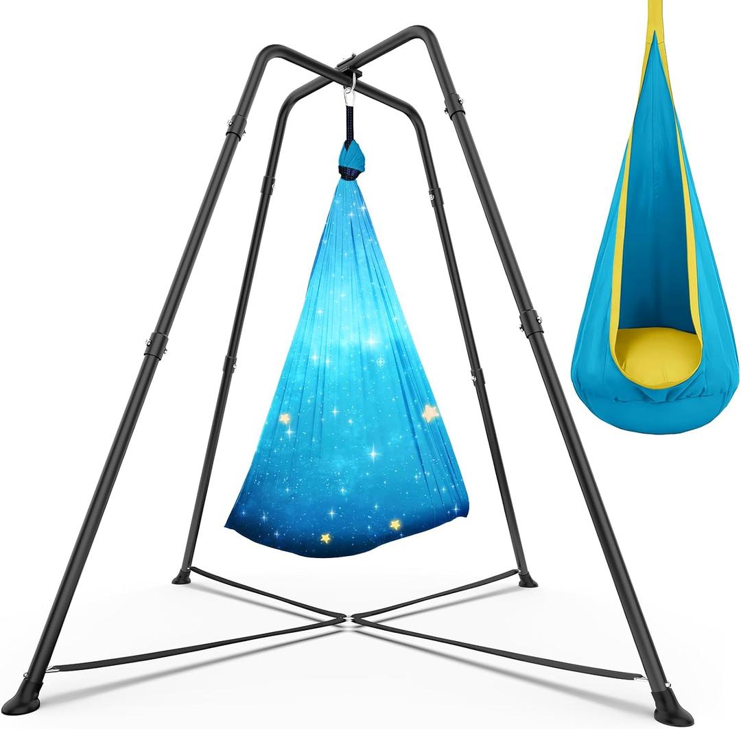 Swing Stand Frame with Sensory Swing Pod Chair, X-Shaped Swing Set, Metal Hammock Chair Stand for Adults Indoor and Outdoor 330LBS (Patterned-Star Blue)