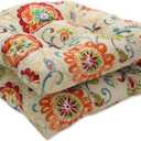 Pillow Perfect Bright Floral Indoor/Outdoor Chair Seat Cushion Tufted, Weather, and Fade Resistant, 19" x 19", Tan Fanfare 2 Count