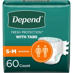 Depend Incontinence Protection with Tabs, Unisex, Small/Medium (1934" Waist, Up To 170 lbs), Maximum Absorbency, 60 Count (3 Packs of 20)
