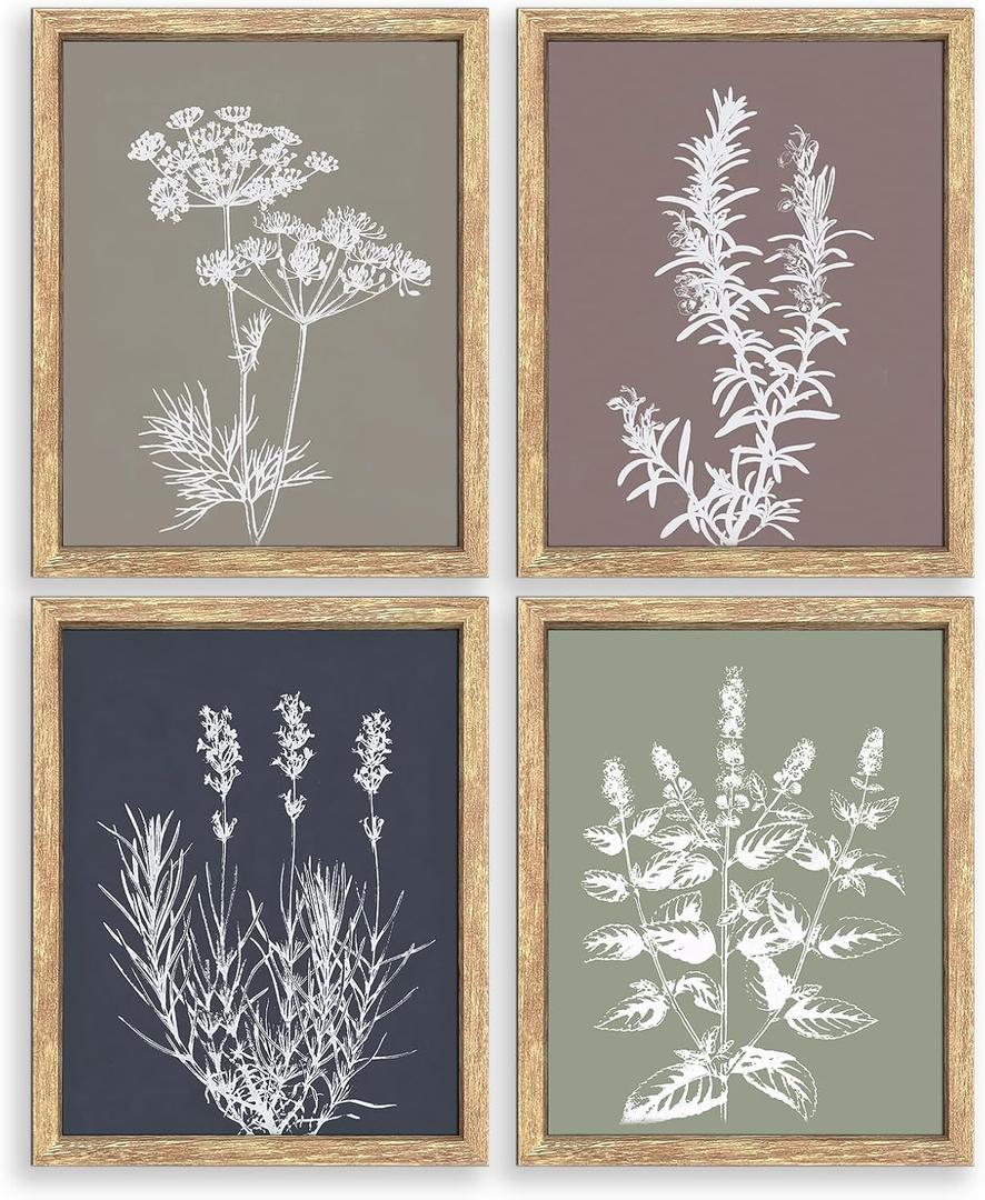 GUMEYJIA Boho Wall Art Set of 4 Framed Herb Prints Botanical White Floral Sketches with Gray and Sage Green Background Modern Farmhouse Decor Home Kitchen Wall Decor (8x10 in)