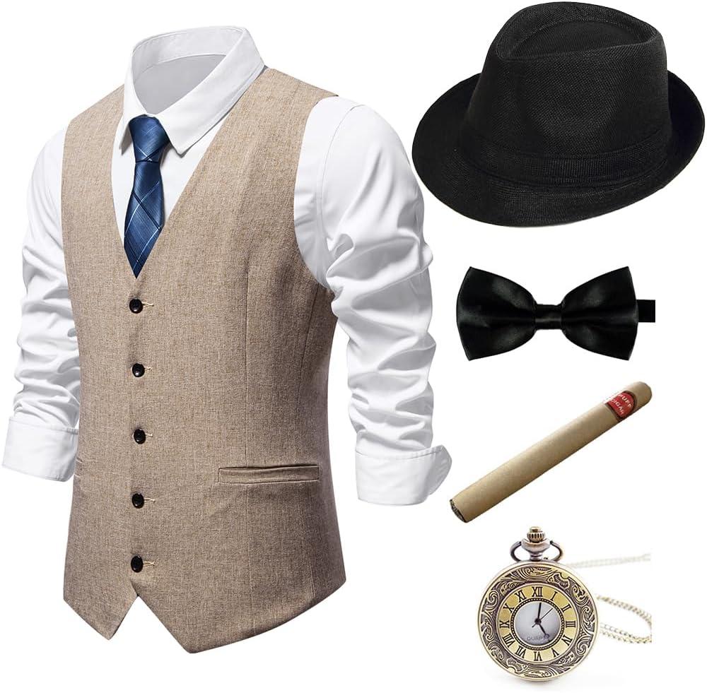 Gionforsy 1920s Mens Costume Gatsby Gangster Vest Fedora Hat Suspenders Bow Tie Costume Accessories Set (Small, Beige)