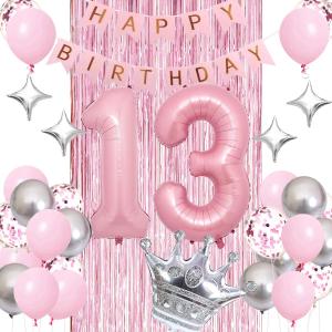 Happy 13th Birthday Decorations - Pink & Silver Balloons, Fringe Curtain, Crown Star Balloon for Her 13 Years Old Princess Party