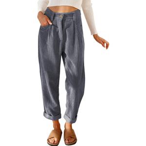 Womens Corduroy Pants Casual High Waisted Straight Leg Vintage Trousers for Women with Pockets (Grey US 16)