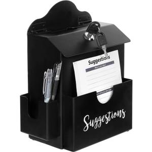 MyGift Suggestion Box with Slot and Lock, Donation Box for Fundraising, Complaint Case with Paper Sheet and Pen Holder Slots,Wall Mounted or Tabletop, Black Metal