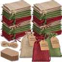 Woanger 100 Pcs Burlap Gift Bags with 100 Pcs Kraft Paper Gift Tags Drawstring Favor Bulk Burlap Sack Bags for DIY Wedding Party Craft (4 x 6 Inch,Natural Color, Military Green, Wine Red)