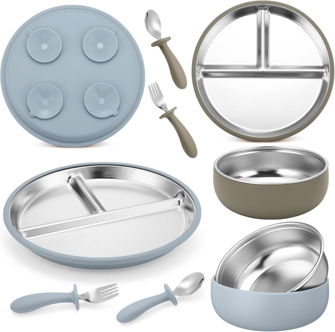 Honeydak 2 Pack Stainless Steel Baby Plates and Bowls with Suction & 2 Pack Spoons and Forks Set, Toddler Utensils Baby Feeding Set, Divided Plates for Kids Led Weaning Supplies (Blue,Green)
