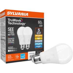 Sylvania TruWave A19 LED Light Bulb, 9W = 60W, 5 CCT Select 2700/3000 / 3500/4000 / 5000K, Dimmable, 800 LMS, Frosted Finish (42109) 2 Count (Pack of 1)
