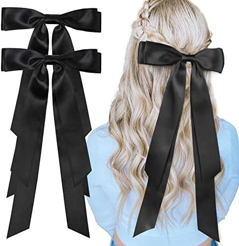 Large Satin Hair Bows 2PCS Hair Ribbons for Women CEELGON Big Long Black Ballet Style Hair Bows French Barrette Vintage Accessories for Girls-Black