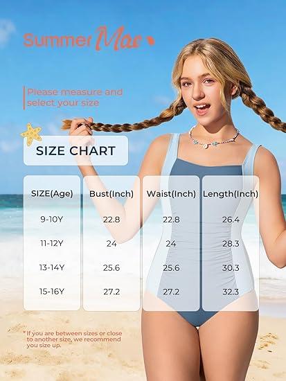 Summer Mae Girls Swimsuit One Piece Ruched Bathing Suit with Adjustable Straps Removable Padded Swimwear , 11-12Y