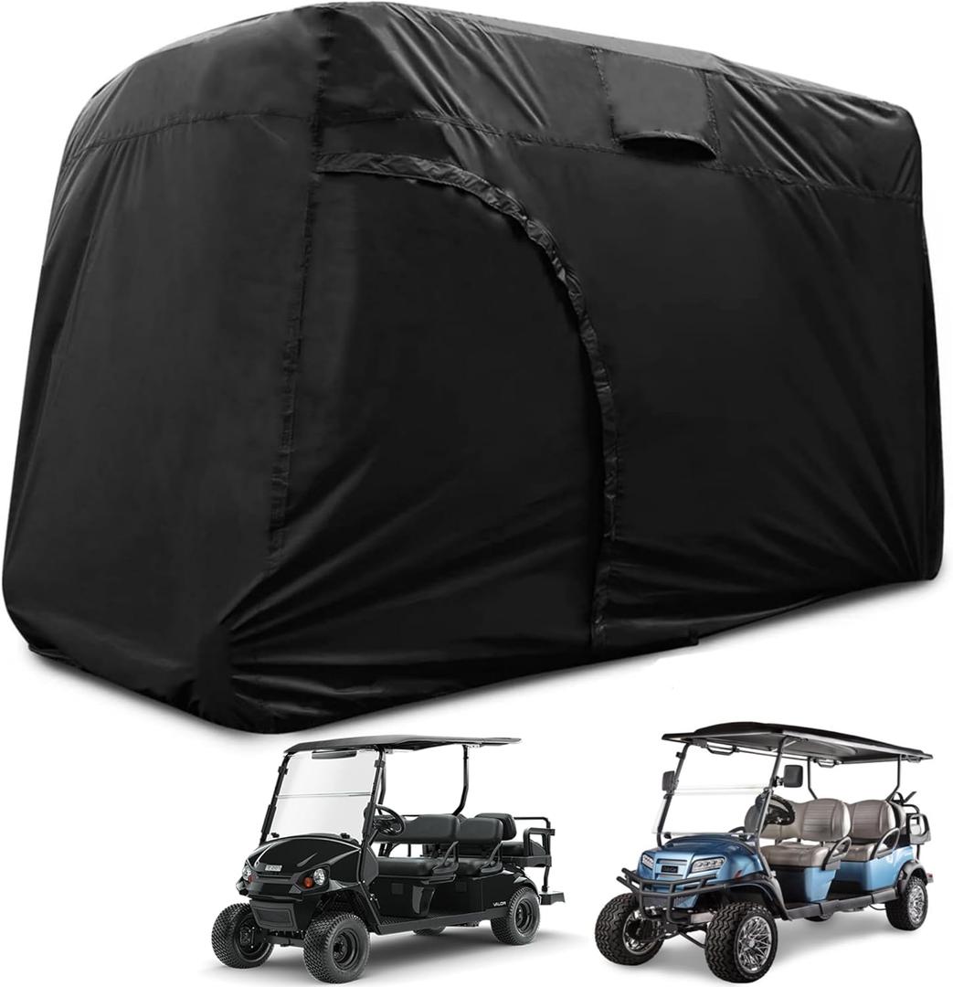 Joymo Golf Cart Cover 6 Passenger，95"-156" Golf Club Rain Covers 4 Passenger，Waterproof EZ GO Golf Cart Accessories, Outdoor Club Car Seat Covers Winter Summer Protective Cover(144" L x 54" W x 76" H)