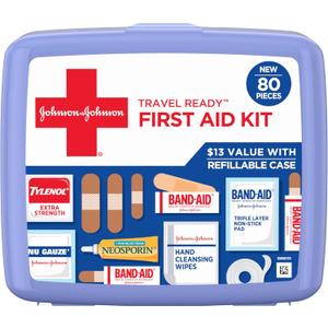 Band-Aid Travel Ready Portable Emergency First Aid Kit for Minor Wound Care with Assorted Adhesive Bandages, Gauze Pads & More, Ideal for Travel, Car & On-The-Go, 80 pc