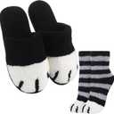 JaGely 2 Pairs Christmas Cat Paw Slippers and Fuzzy Striped Socks for Women Men Cute Plush Cat Feet Slippers Socks Gifts (9-10, Black)
