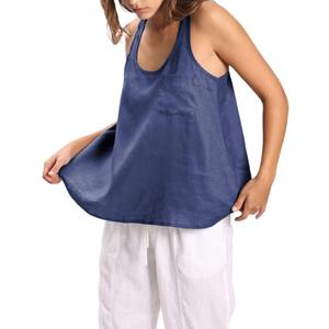 Amazhiyu Women's 100% Linen Summer Scoop Neck Sleeveless Racerback Tank Top (Large, Navy)