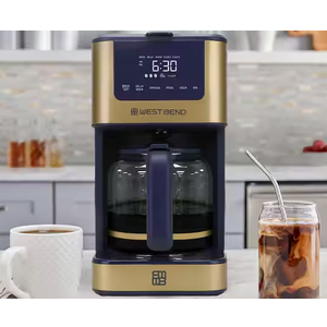 West Bend Drip Coffee Maker Brews Hot or Iced, Programmable with Brew Strength Selector Auto Shut-Off and 6 Functions Permanent Mesh Filter and Glass Carafe, 12-Cup, Brown