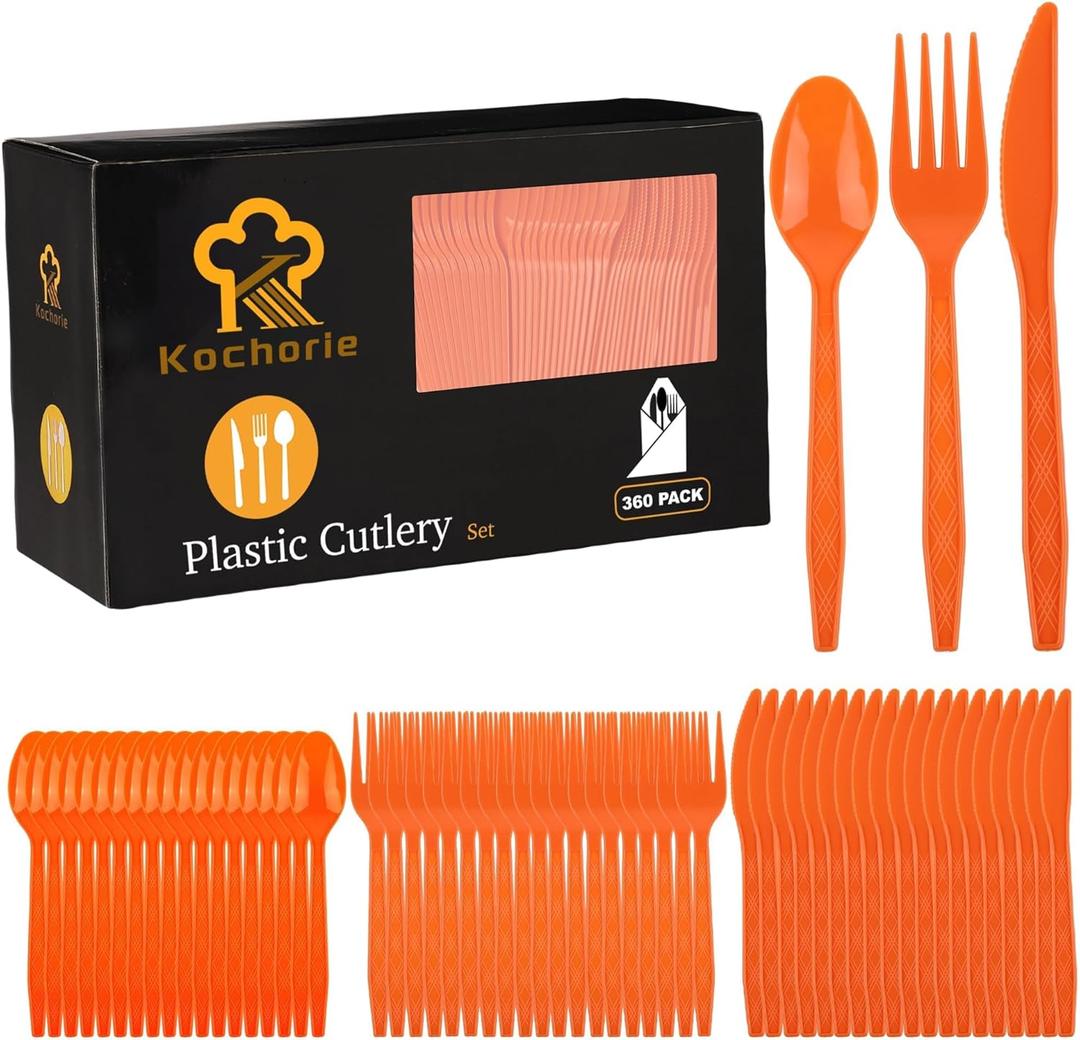 360 Pieces Orange Plastic Cutlery Set Disposable Plastic Utensils Heavy Duty Flatware Set Includes 120 Knives 120 Forks 120 Spoons for Party Wedding Birthday