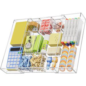 Marbrasse Acrylic Expandable Drawer Organizer, Clear Desk Drawer Organizer Tray with 5 Dividers, Desk Organizers and Accessories, 10 Adjustable Compartments for Office Supplies, Makeup & Vanity