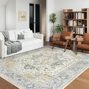 Washable Area Rug 5x7, Area Rugs Stain Resistant Neutral Washable Rugs for Living Rooms Bedroom Vintage Non-Slip Thin Large Size Area RugBrown