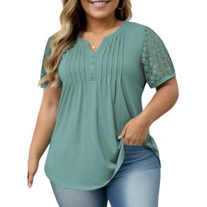 VISLILY Plus-Size-Womens-Summer-Tops Cute Henley V Neck T Shirts Dressy Lace Short Sleeve Blouse Trendy Casual Pleated Tunics (Blue, XL)